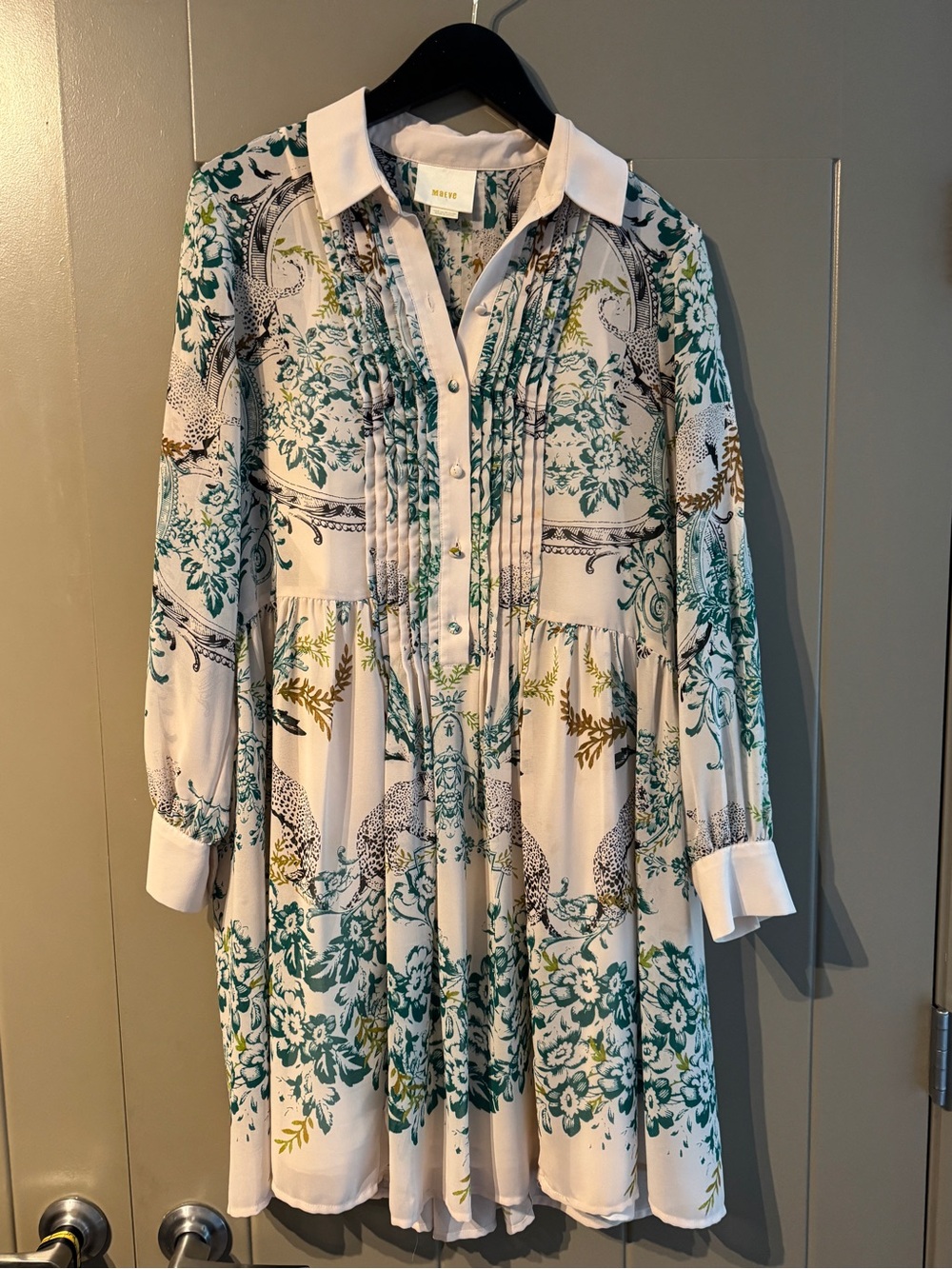 Maeve White Floral Long Sleeve Pleated Dress with Teal and Olive Print